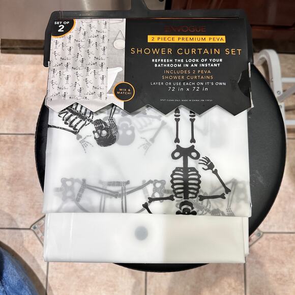 Halloween Dancing Black Skeletons Shower Curtains 72x72 Set of 2 New Spooky - Picture 1 of 6